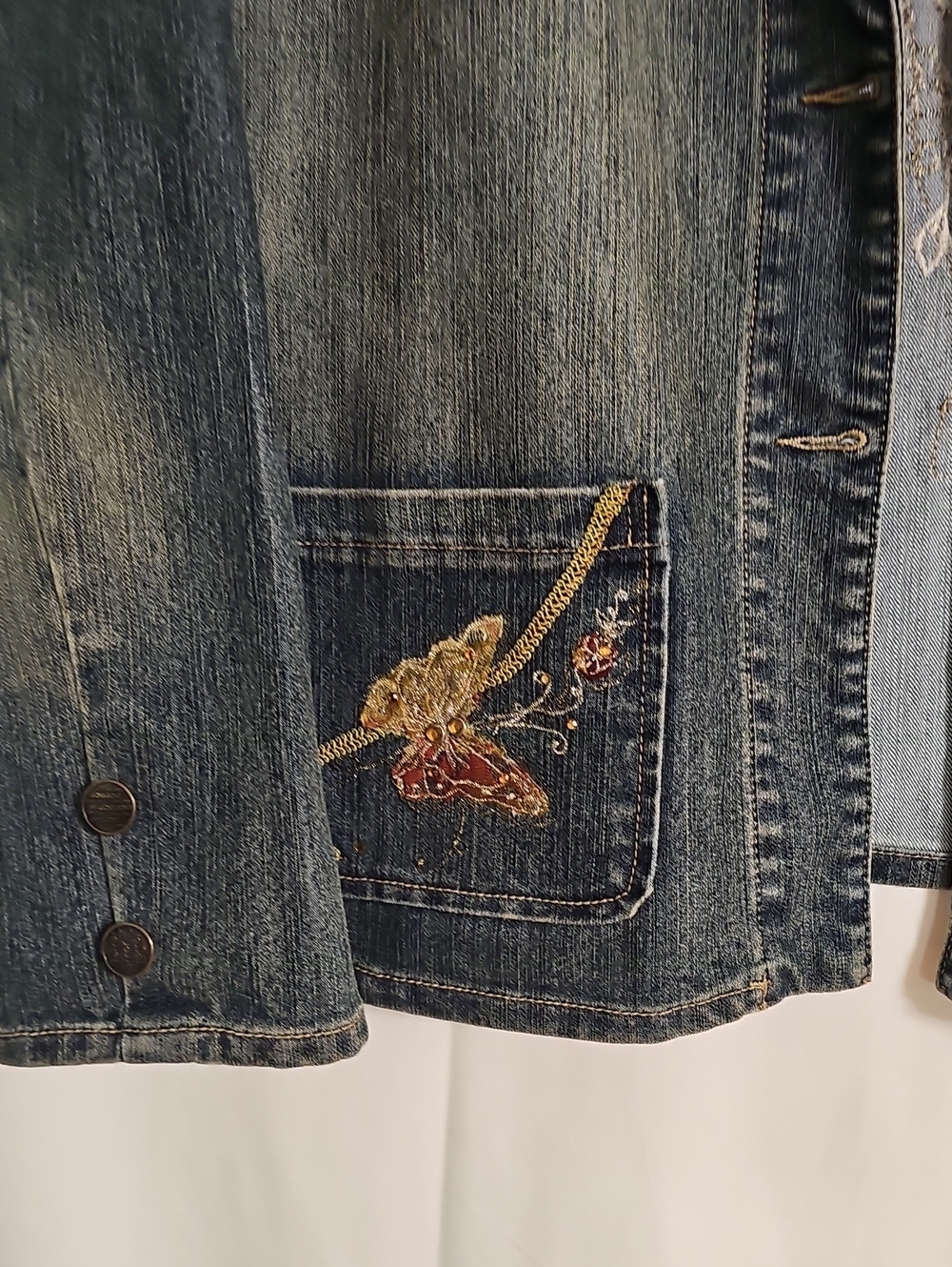 Jou Jou Embroidered  Butterfly Denim Blazer Jacket in Faded Blue - Picture 3 of 7